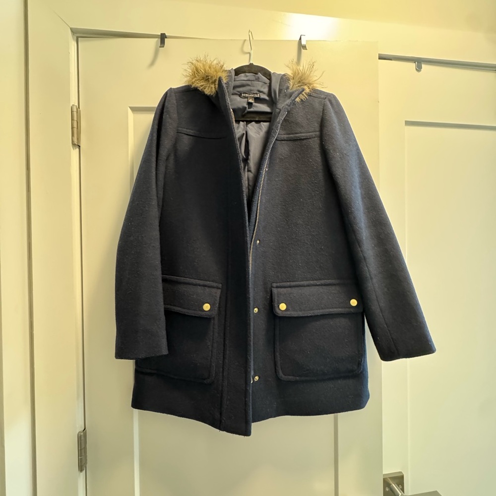 J Crew Navy Coat with Faux Fur Hood